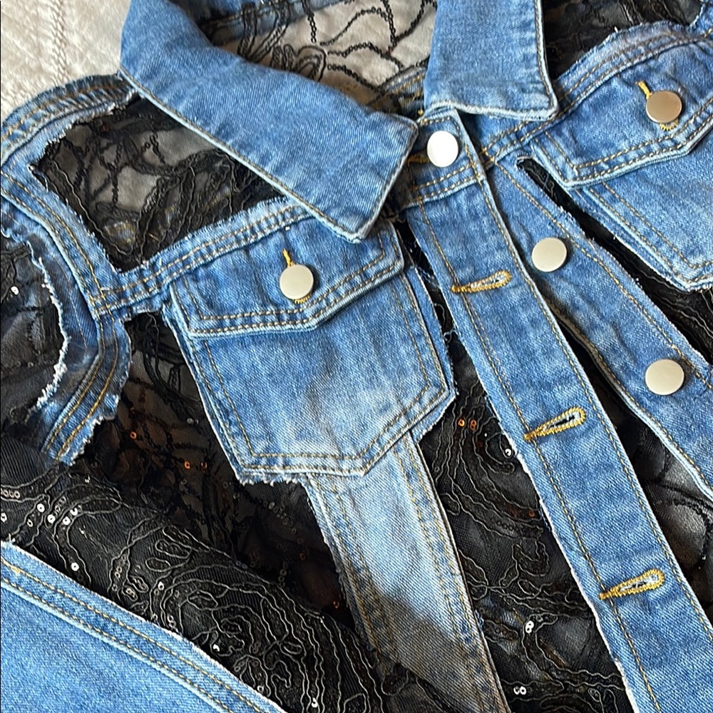 Handmade Blue Denim and Black Lace Jacket - One of a kind!